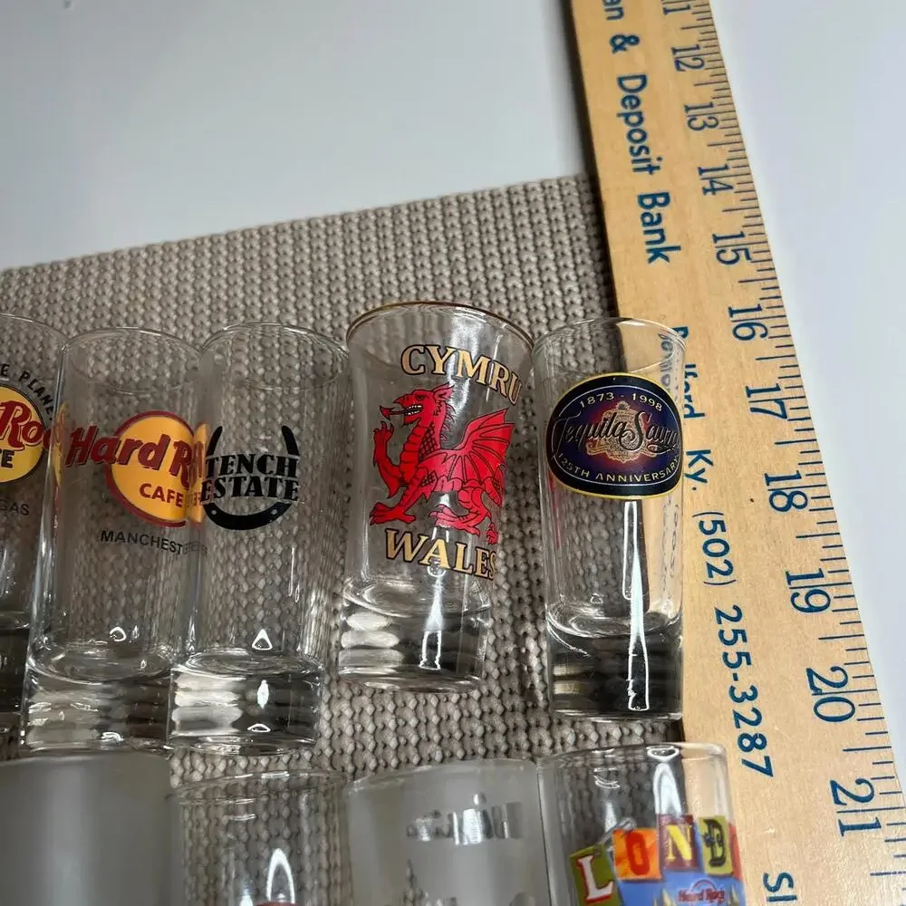 Lot of 13 Souvenir Shot‎ Glasses Hard Rock Cafe London Mexico Wales Jägermeister